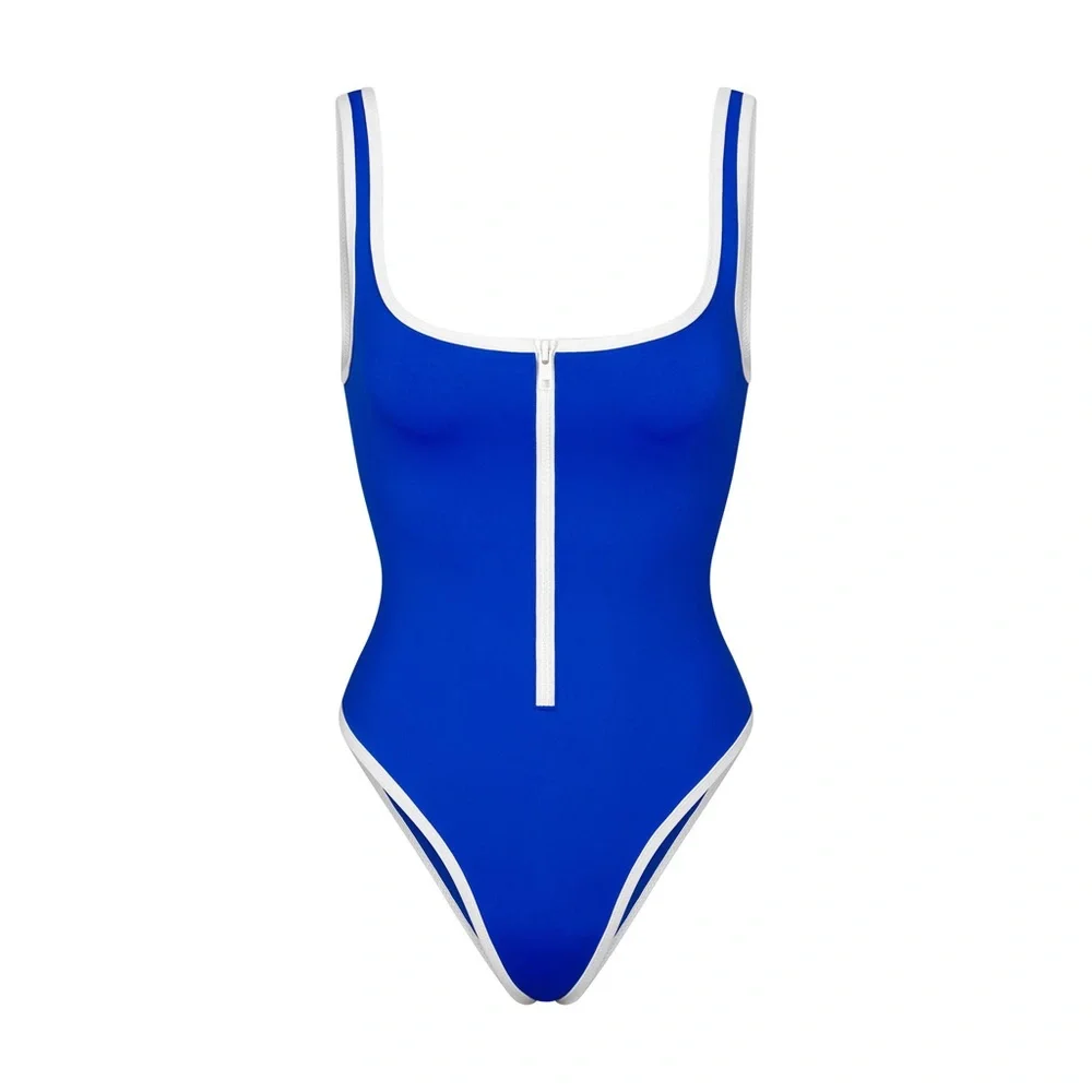 💙SKIMS SPORTY ZIP UP SWIM SCOOP NECK ONE PIECE SWIMSUIT IN COBALT 4X